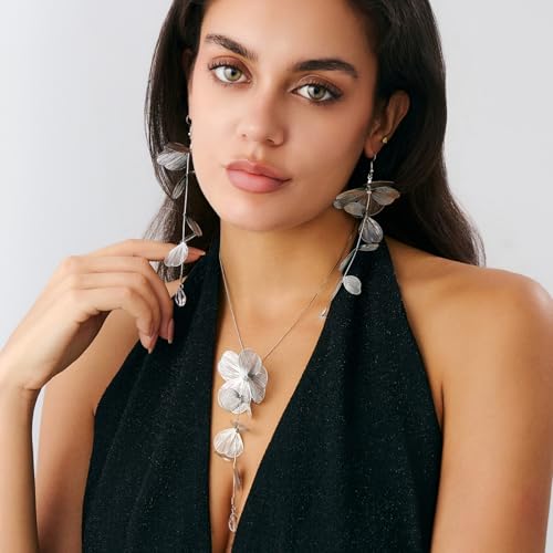 WCRAZYE Gold Flower Statement Floral Necklace Earring Sets for Women Fashion Petal Statement Necklace 14K Gold Plated Larg...