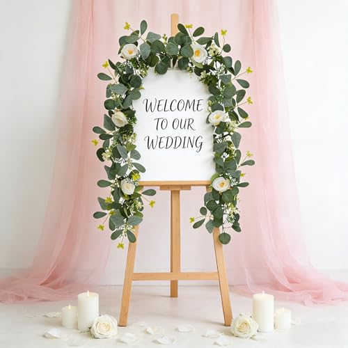 ASTRYAS 2 Pack 6.23Ft Artificial Eucalyptus Garland with Flowers, Fake Rose Garland Greenery Garlands Floral Vines for Wed...