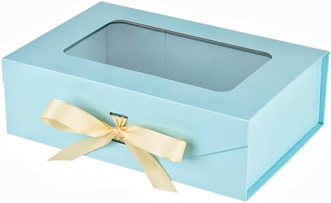 PLINJOY Blue Gift Box for Presents with Ribbon 10.8x7.5x3.5 Inches Clear Gift Box with Window Magnetic Closure Gift Boxes ...