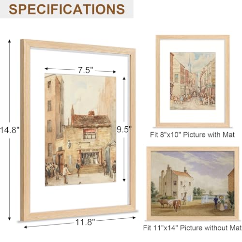 Vittanly 11x14 Picture Frame, Solid Wood Frame with Plexiglass, Includes 8x10 Mat, Wall Hanging for Home Decor, Natural, 1...