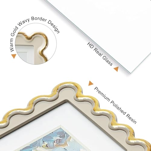 Wontree 5x7 Picture Frame in Beige with Shinning Gold Wavy Edge, Resin Frame with Real Glass, Display 5x7 Photos Matted to...