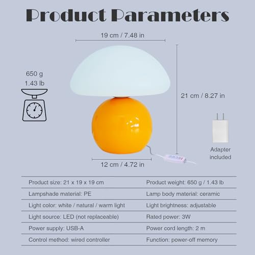 kvppvt Cute Small Mushroom Lamp, PE Lampshade, Ceramic Base, Adjustable Light Color and Brightness with Power-Off Memory, ...