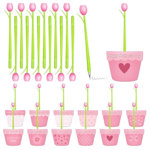 24 Set Mother's Day Sticky Notes and Pens Set Flower Pot Sticky Notes Change Color Tulip Ballpoint Pens Mother’s Day Stati...