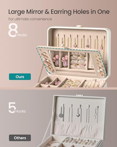 SONGMICS Jewelry Box Organizer with Mirror, 2-Layer Jewelry Holder Case, Removable Tray, 6.9 x 8.7 x 4.3 Inches, Earring N...