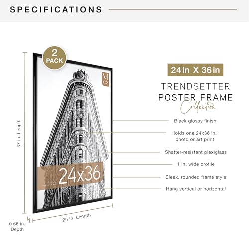 MCS Trendsetter 24x36 Poster Frame Black High-Gloss, Vertical & Horizontal Wall Hanging Large Picture Frame for Photos, Po...