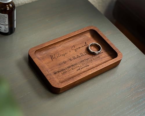 MUUJEE 5 Year Custom Engraved Rec Tray - Personalized Names on Wood Tray Small Jewelry Ring Dish 5 Year Wedding Anniv Gift...