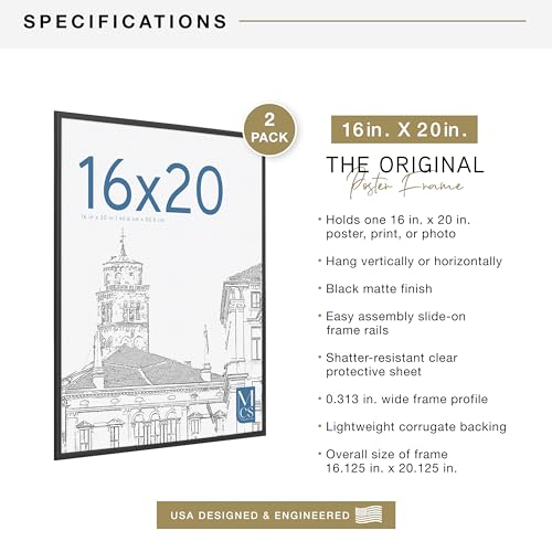MCS Original Poster Frame 16x20 Black Lightweight Vertical & Horizontal Wall Hanging Large Picture Frame for Posters, Art ...