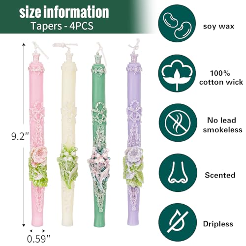 Sungmor Handcrafted Decorative Taper Candles – 9 Inch Floral Embossed Set of 4, Elegant Wedding & Home Décor Candles, Mult...