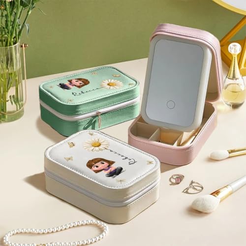 Wrappiness Women & Girls Floral Makeup Box With LED Mirror - Personalized Birthmonth Flower Travel Jewelry Organizer Gift ...