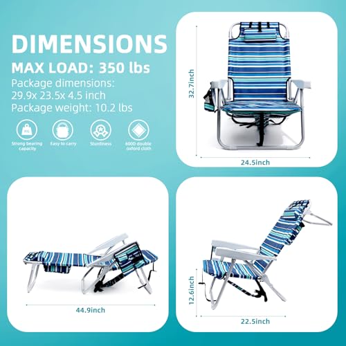 Yestomo Beach Chairs for Adults Heavy Duty, Compact Portable Lay Flat Folding Chair with Backpack Straps and Large Cooler ...