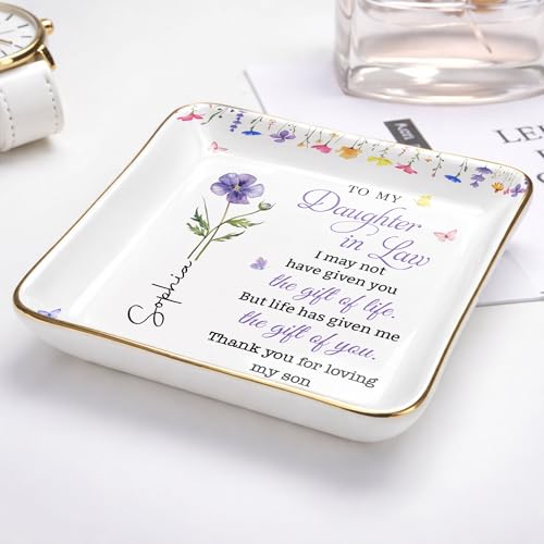 ALMAGEMSUS Personalized Daughter In Law Jewelry Dish, Birth Floral Ceramic Trinket Dish, Ring Holder Tray, Sentimental Gif...