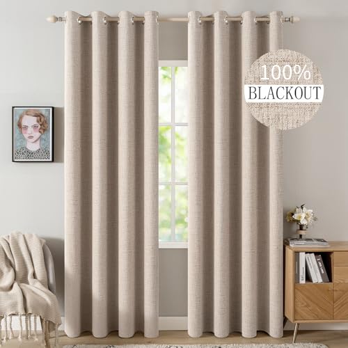 MIULEE 100% Blackout Linen Textured Curtains for Bedroom Solid Thermal Insulated Natural Beige Grommet Room Darkening Curt...