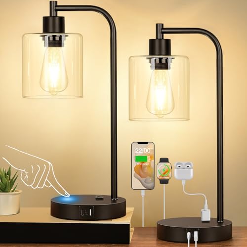 Set of 2 Industrial Touch Control Table Lamps with USB C+A Ports and AC Outlet - 3-Way Dimmable Black Bedside Lamps Nights...
