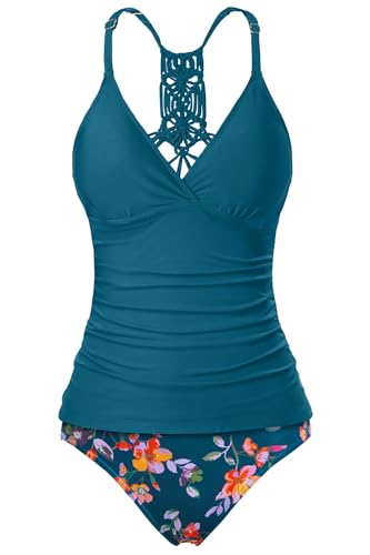 Holipick Tummy Control Two Piece Tankini Set Swimsuits for Women V Neck Tankini Top Bathing Suits with Swim Bottom