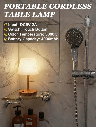 Kakanuo Cordless Shower Lamp Waterproof, Cordless Lamp with 4000mAh Battery, Rechargeable Table Lamp, Touch Dimmable Desk ...