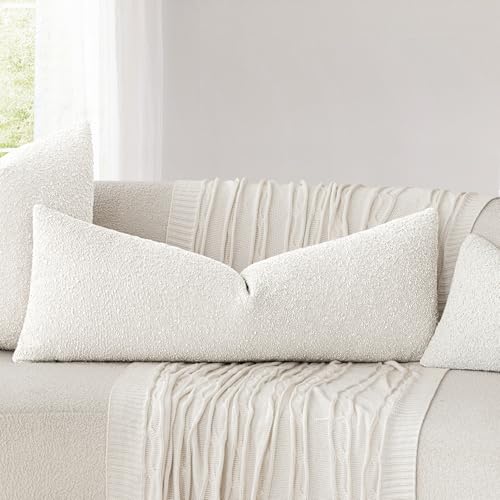 Foindtower Decorative Textured Boucle Throw Pillow Covers Accent Solid Pillow Cases Neutral Long Body Lumbar Couch Cushion...