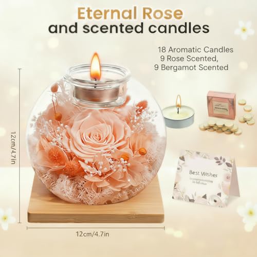 Eternal Preserved Real Rose, Glass Dome Gift Set with 18 Scented Candles (9 Rose,9 Bergamot), Mother's Day Valentine Chris...