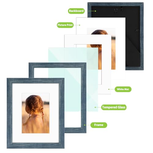 Golden State Art, 8x10 Picture Frame with Mat for 5x7 Photo - High Definition Glass Wall Mounting or Tabletop Display (Blu...