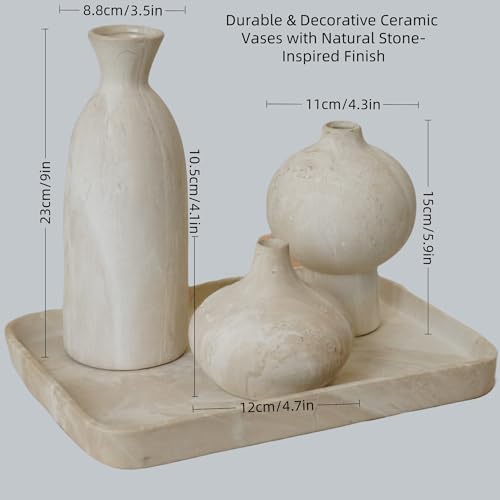 SincereLuxe White Ceramic Vase Set of 3 in Beige, Modern Aesthetic Stone-Look Textured Pottery Vases for Shelf & Bookshelf...