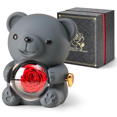 Cute Teddy Bear with Preserved Rose - A Real Rose Flower in Bear with Elegant Gift Box - Romantic Gift for Her in Mother's...