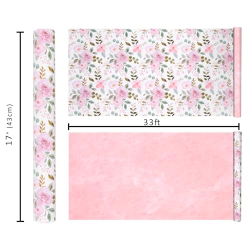 BIOBROWN Reversible Floral Wrapping Paper Roll - 17 Inches X 33 Feet (47 sq. ft. ttl.) Pink Watercolor Roses Design Flower...