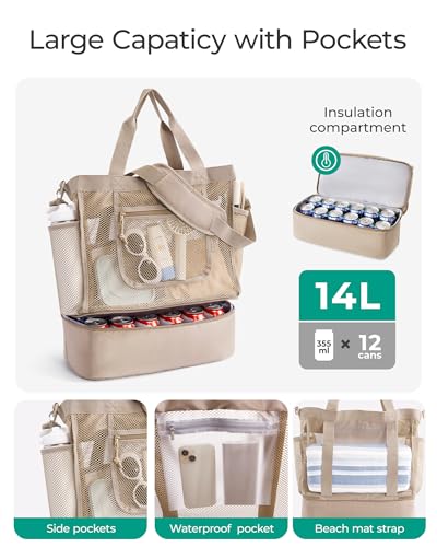BAGSMART Beach Bag for Women, Mesh Tote Bags with Zipper, Sandproof Vacation Essentials with Cooler for Swim Cruise Pool