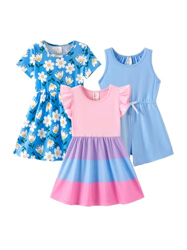 PATPAT Toddler Girl Floral Skater Multipack Dresses 3-Pack Polka Dots Short Sleeve Priness A-line Dress
