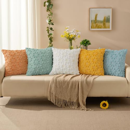 DFXSZ Spring Summer Pillow Covers 18x18 inch Set of 2 Farmhouse Decor Yellow Color Flower Heart Sunflower Soft Plush Faux ...