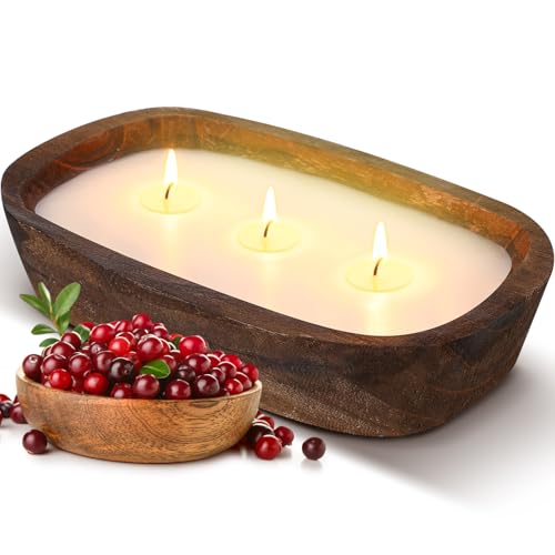 Threlaco 1 Pack 10 Inch Wood Dough Bowl Candles Home Rustic Dough Bowl Soy Candle 3 Wick Scented Candles Gifts for Men Wom...