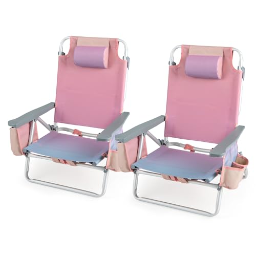 Tangkula Set of 2 Backpack Beach Chair, 5-Position Lay Flat Beach Chairs with Cooler Bag, 2 Cup Holders, Towel Bar, Lightw...