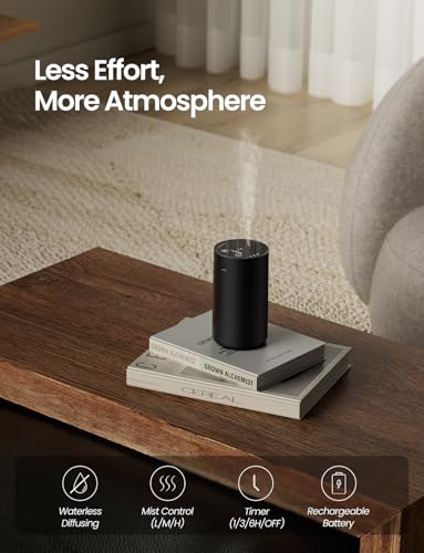 Waterless Essential Oil Diffuser, Rechargeable Scent Diffusers with 3 Mist Levels & Timers, Portable Aromatherapy Diffuser...