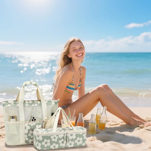Bluboon Mesh Beach Tote Bag with Cooler Compartment Insulated Detachable Picnic Bag with Zipper and Pocket Pool Bag for Women