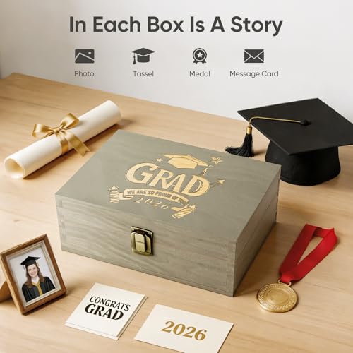 REMEIT Graduation Keepsake Box - Engraved Grad 2026 Wood Memory Box Congrats Grad Gift for Him Her, Perfect for Storing Gr...
