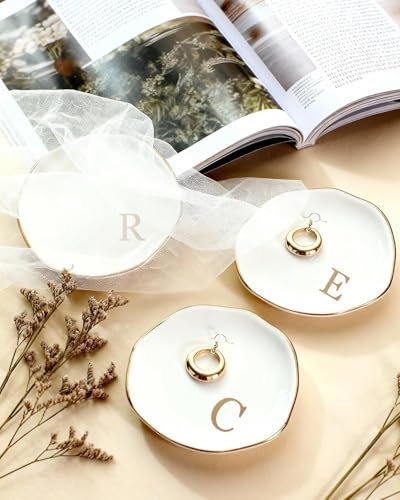 Fmeida Jewelry Tray Ring Dish for Women, Initials Ceramic Jewelry Dish, Personalized Aesthetic Decorative Birthday Valenti...