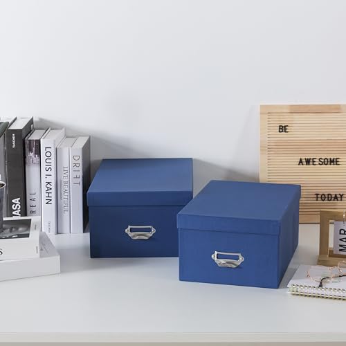 Soul & Lane Blue Decorative Cardboard Storage Boxes with Lids, Set of 2 Stacking Keepsake Photo and Memory Boxes for Home...