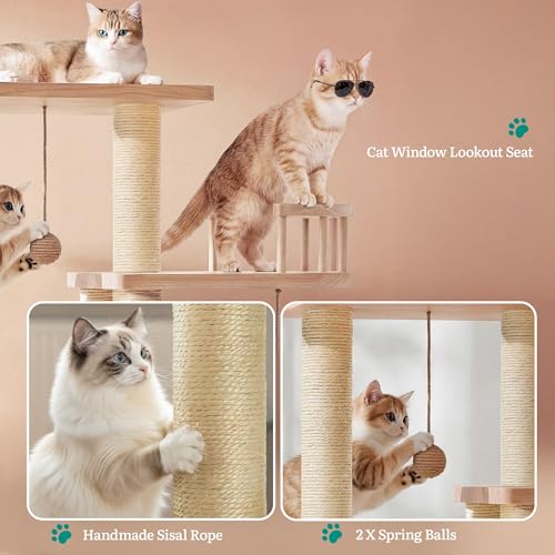 YITAHOME Stable Pine Wood Cat Tree, Multi-Level Cat Tower with Cat House, Observation Perches, Plush Bed, Sisal Scratching...