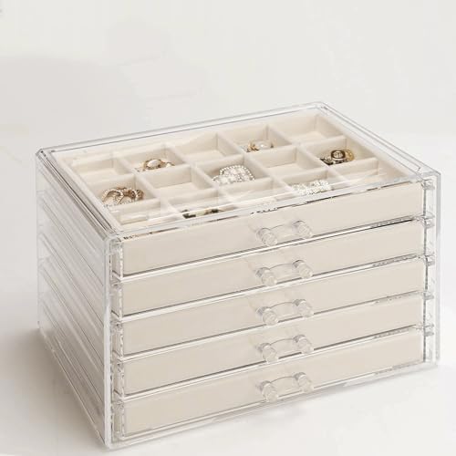 GUOER 5 Drawers Clear Jewelry Box for Women and Girls, Acrylic Earring Holder Organizer Ring Holder Display Storage, Warm ...