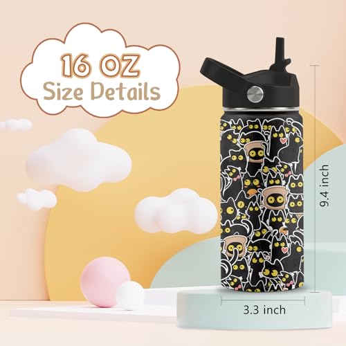 FAIVHSO Cat Gifts for Boys Girls, 16 oz Water Bottle with Straw Lid, Stainless Steel Insulated Tumbler, Cute Cats Water Bo...