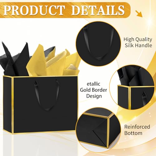 Epoesch 12 Pack Black Gift Bags with Handles – Includes 24 Tissue Paper – 11.8"x10"x4" – Elegant 5 Senses Gift Bags for We...