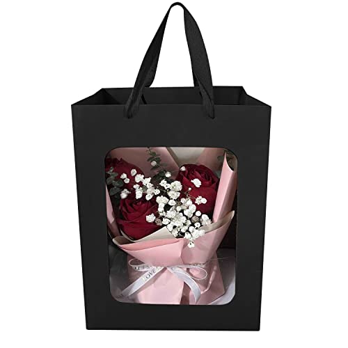BallHull 12 Pcs Black Kraft Paper Gift Bags with Transparent Window, 9.84"x7.0"x5.12" Kraft Shopping Bags with Handles for...