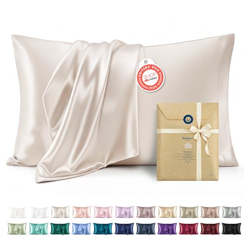 Bedsure King Size Satin Pillowcase Set of 2 - Beige Silky Pillow Cases for Hair and Skin with Envelope Closure, Similar to...
