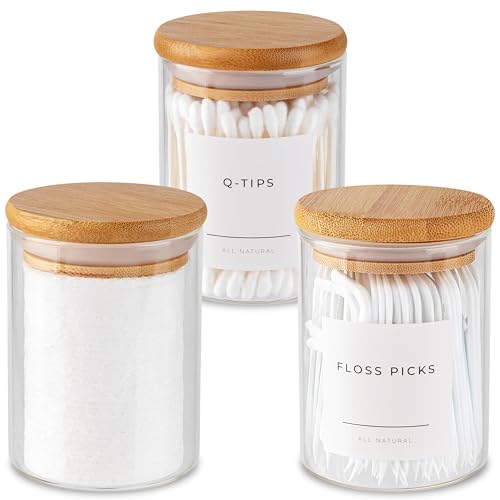 Vase and Vessel Mini Glass Apothecary Jars with Bamboo Lids, Small Bathroom and Kitchen Storage Containers, For Cotton Bal...