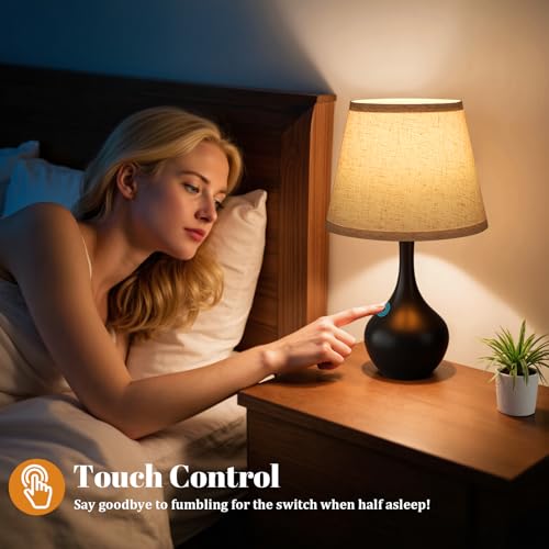 Seealle 16.1" Touch Table Lamps for Nightstand, 3-Way Dimmable Small Bedroom Lamps for Night Stands, Black Bedside Lamps f...