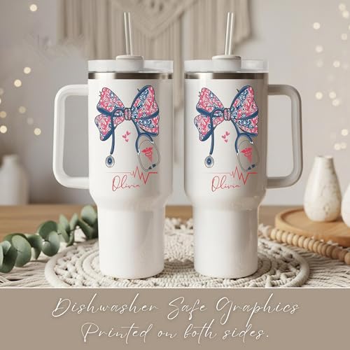 Personalized Nurse Bow Tumbler, Custom Name Nurse Tumbler with Floral Stethoscope, Nursing Student Gift, Nursing Appreciat...