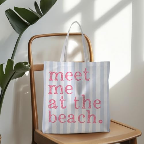 ignytiger Beach Tote Bag, Summer Canvas Striped Tote Bags for Women, Meet Me At The Beach Aesthetic Shopping Bag