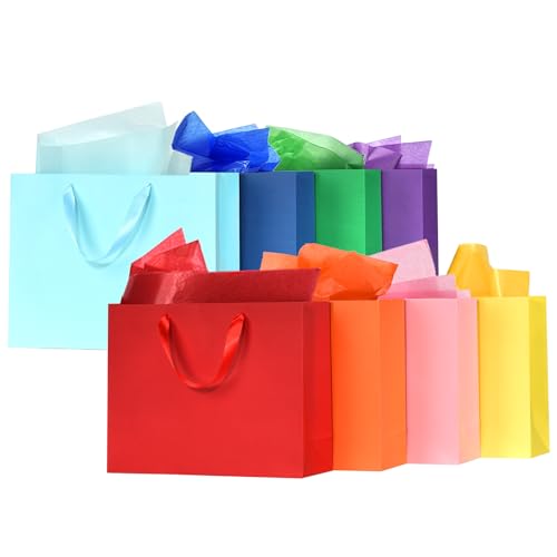 WrapNGo 8 PCS Gift Bags with 16 Tissues 8 Colors Party Favor Bags with Handles 14x4.5x11 Inch Goodie Bags for Valentine's ...