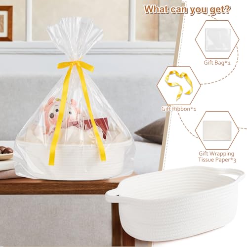 OIAHOMY Gift Basket Empty with Handle, 12"x 8"x 5" Small Woven Basket with Gift Bag, Ribbon and Wrap Tissue Paper, Dog Toy...