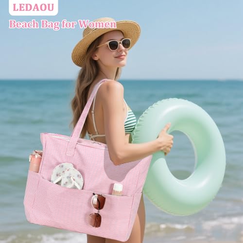 LEDAOU Large Beach Bag Women Waterproof Sandproof Zipper Beach Tote Pool Bag for Swim Gym Grocery Travel with Wet Pocket |...