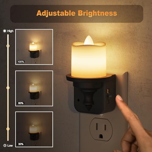 JandCase Flameless Candle Night Light, 2 Pack Night Lights Plug into Wall, 3000K Soft White, 0-100LM Dimmable Nightlight, ...