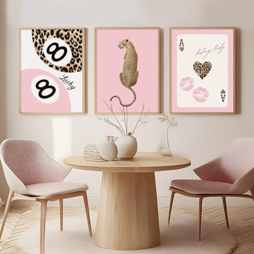 Lhoiplme Cheetah Trendy Wall Art Preppy Leopard Canvas Print Cheetah Room Wall Decor 8 Ball Poster Y2k Pink Coquette Luxur...